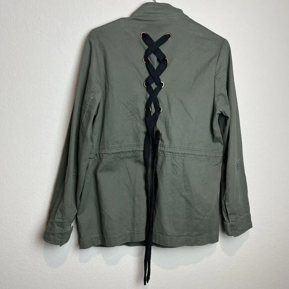 Democracy Jacket Womens M‎ Green 100% Cotton Military Snap Front Studded Lace Up
